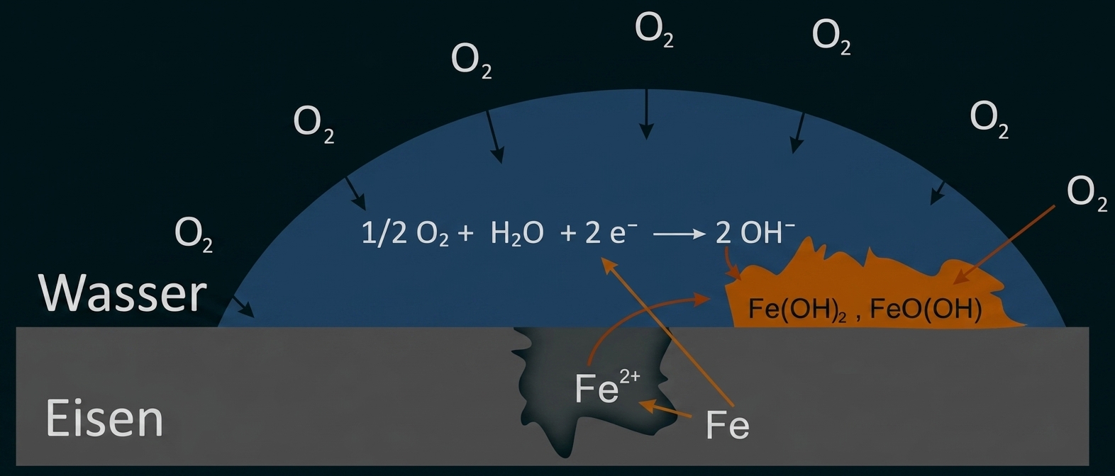 Schematische Darstellung von Eisenkorrosion unter Wasser: O2, Fe→Fe2+ und Bildung einer Rostschicht.